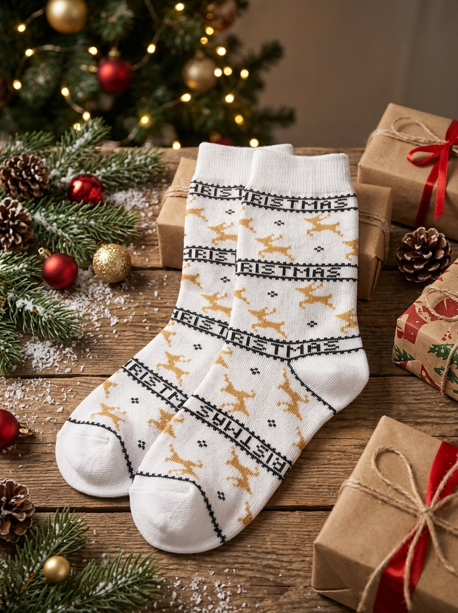 White & Gold Reindeer Christmas Crew Socks