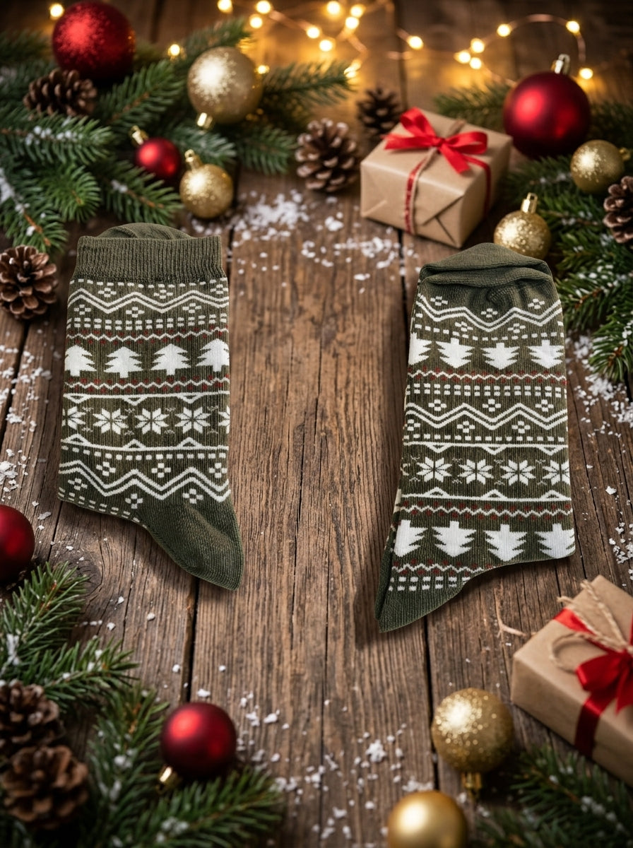 Green Christmas Tree & Snowflake Crew Socks