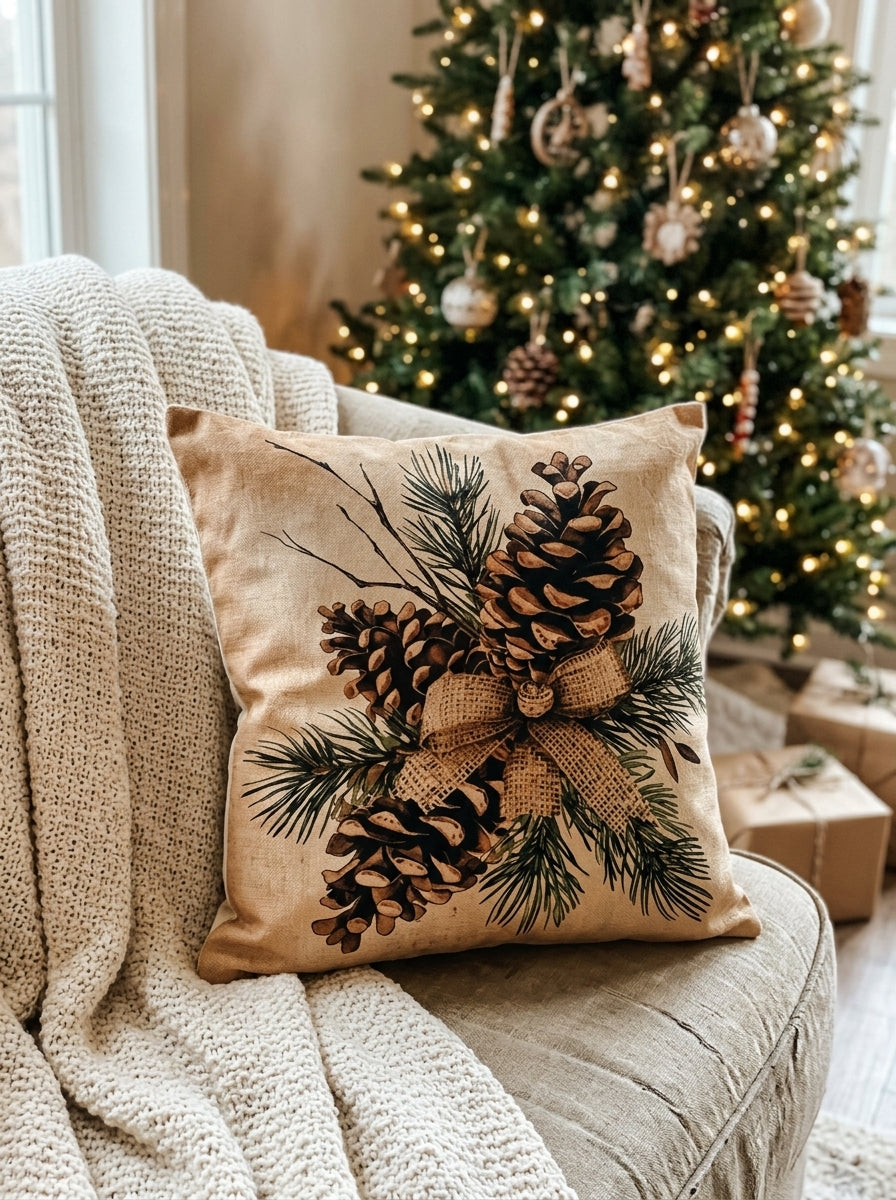 Rustic Christmas Pinecone & Bell Cushion Covers