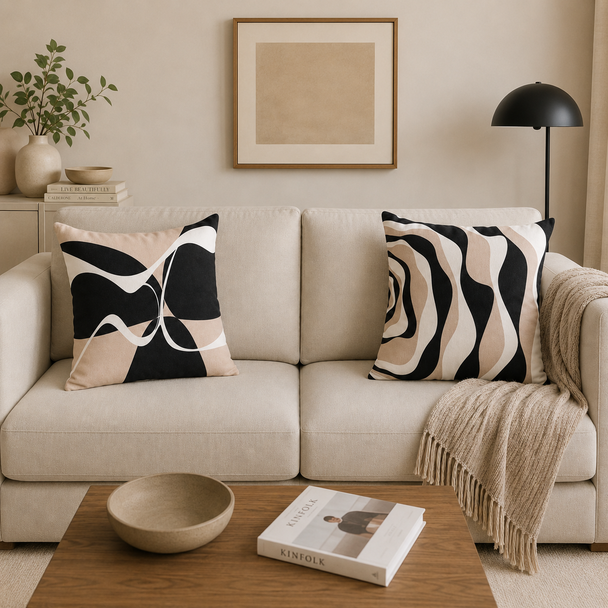 Modern Abstract Black Beige Cushion Covers Set