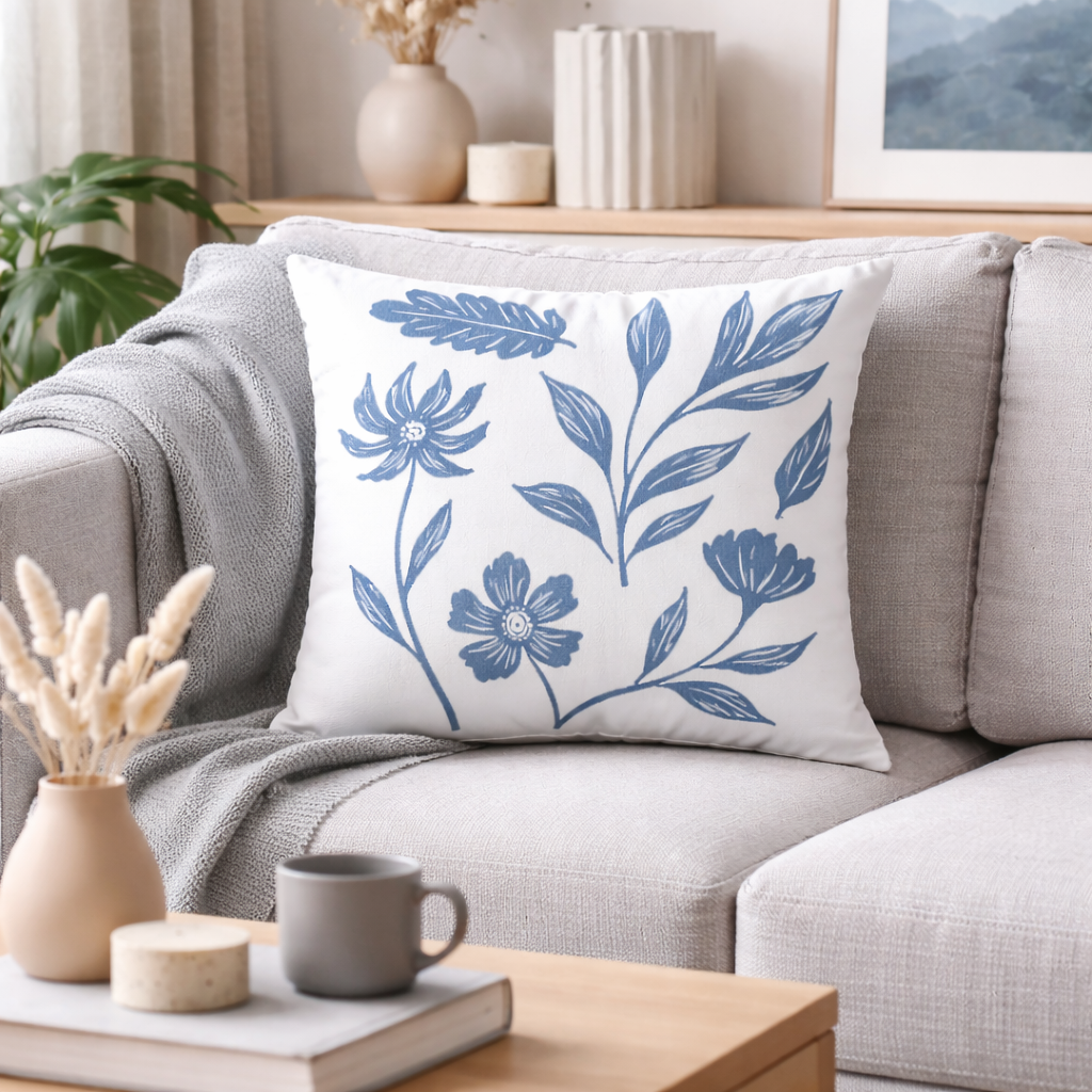 Abstract Blue-Gray Leaf Cushion Cover