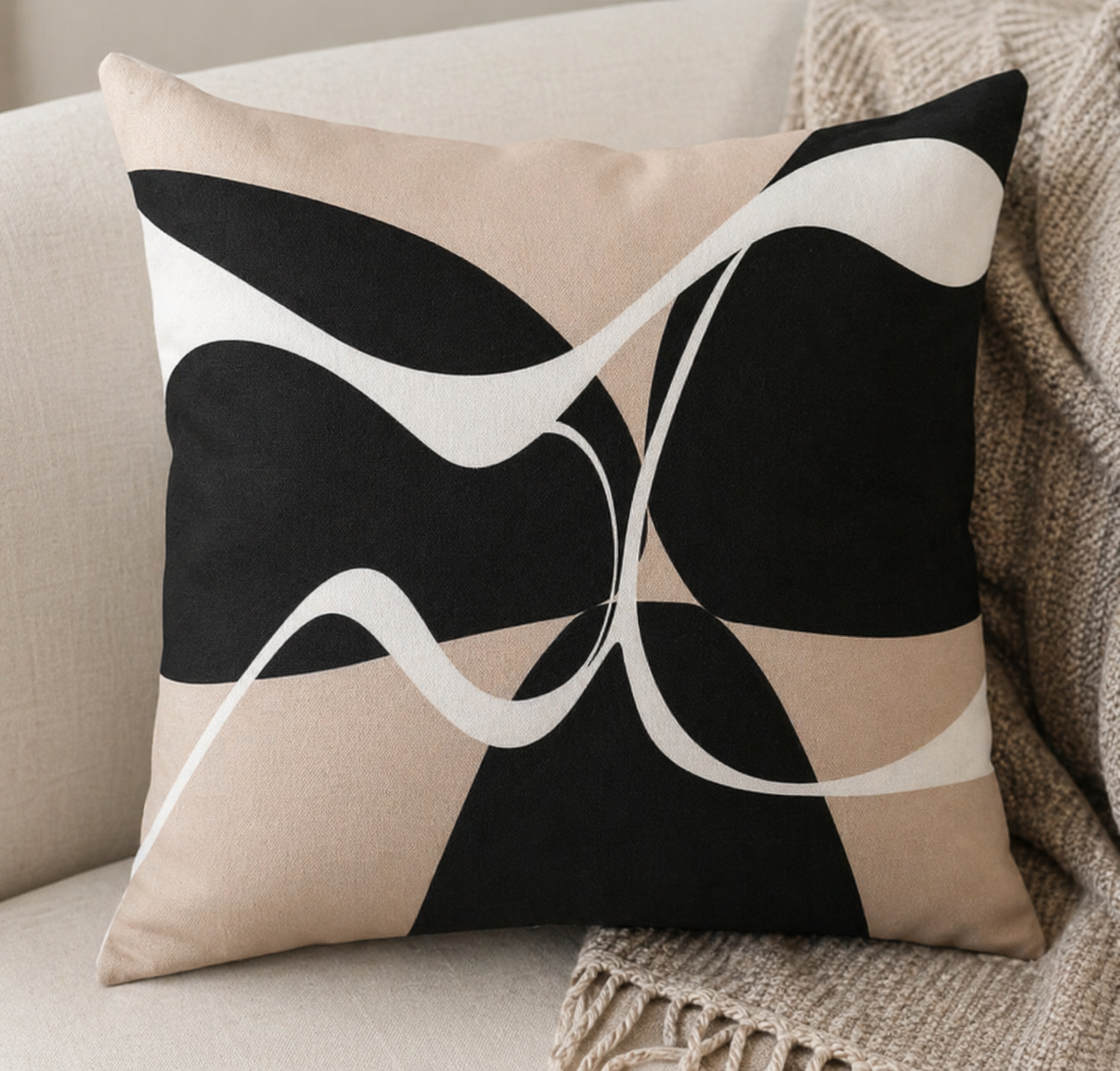 Modern Abstract Black Beige Cushion Covers Set