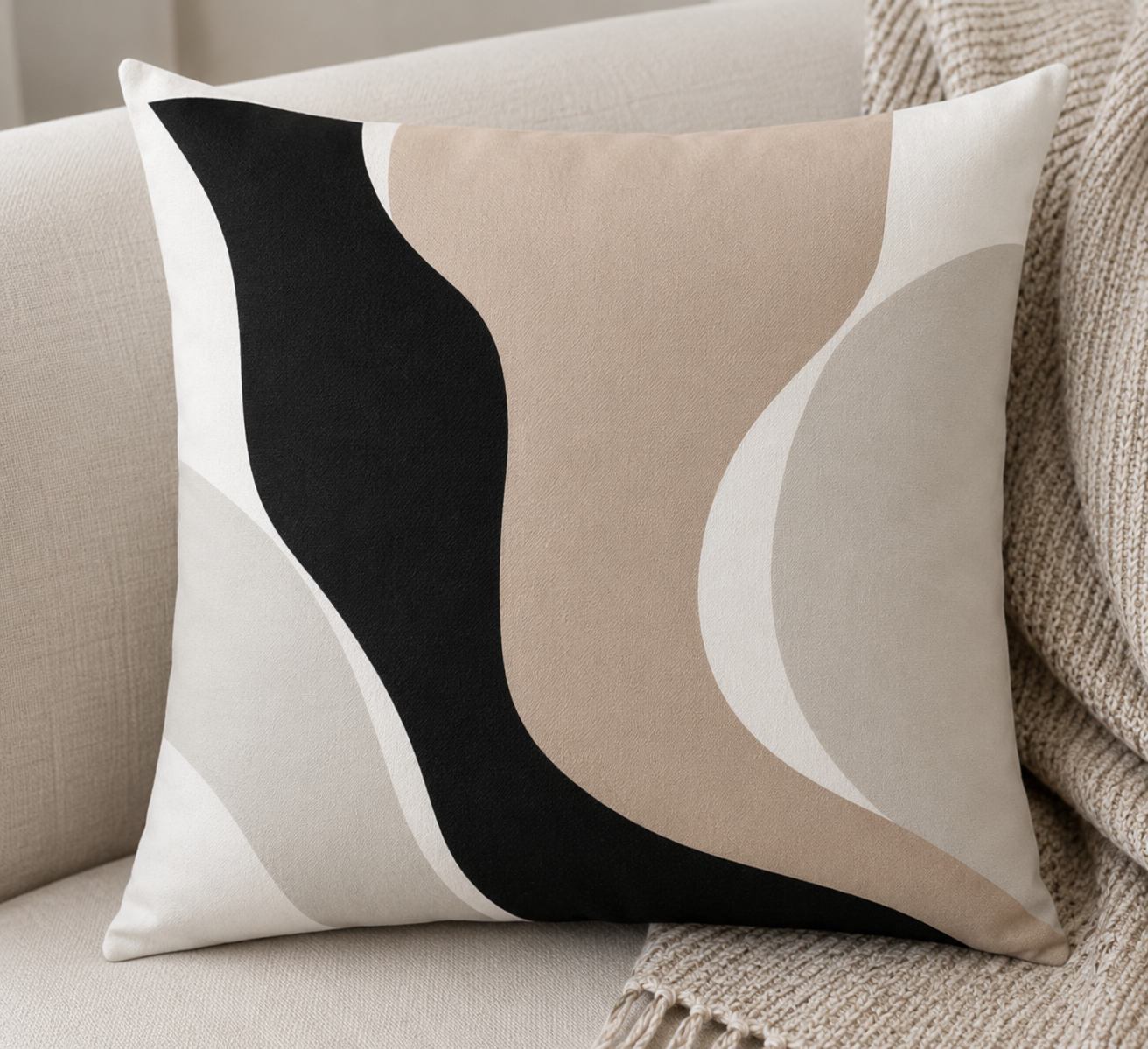 Modern Abstract Black Beige Cushion Covers Set