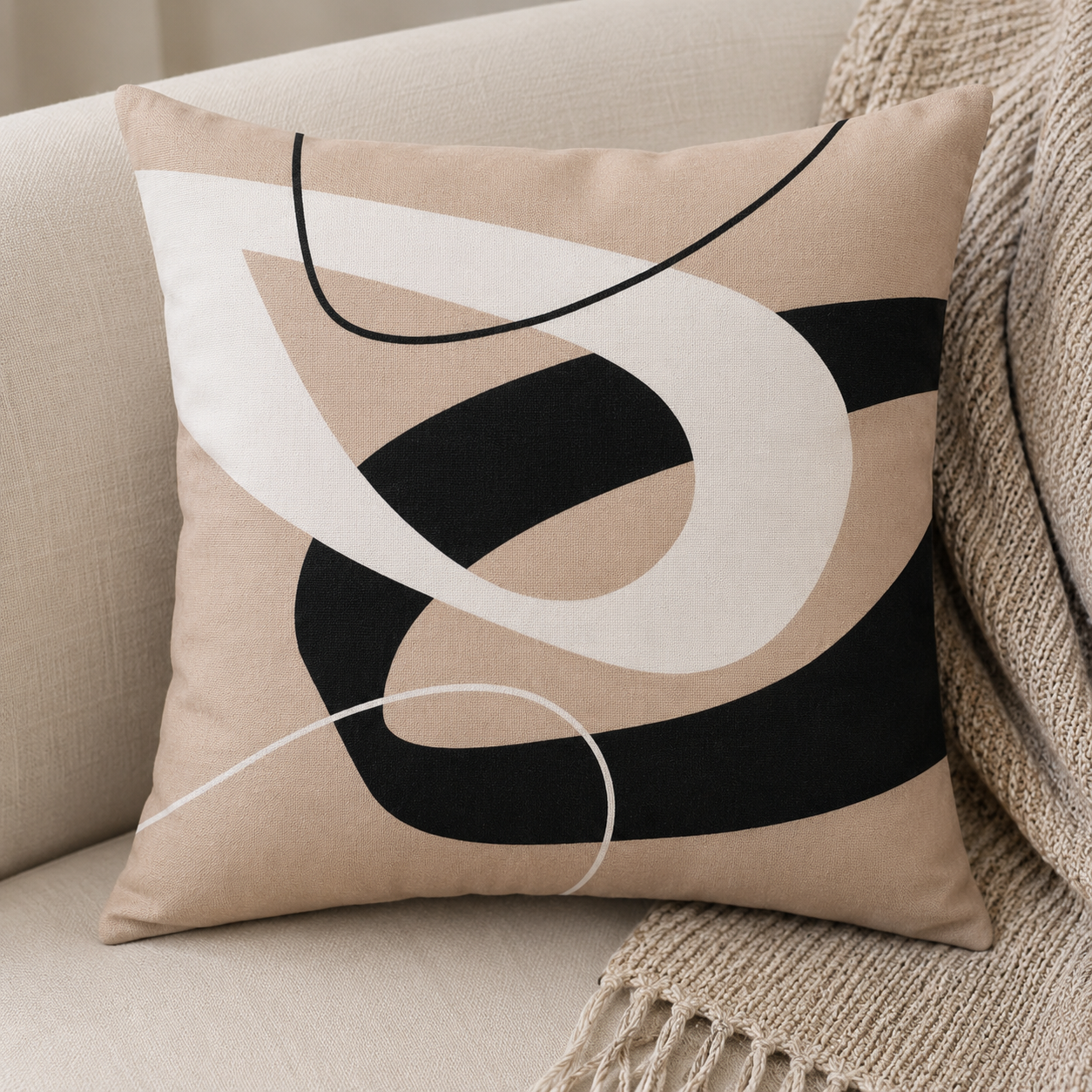 Modern Abstract Black Beige Cushion Covers Set