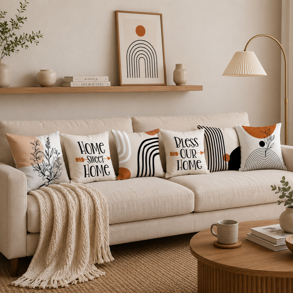 Beige Abstract Geometric Throw Pillow Covers