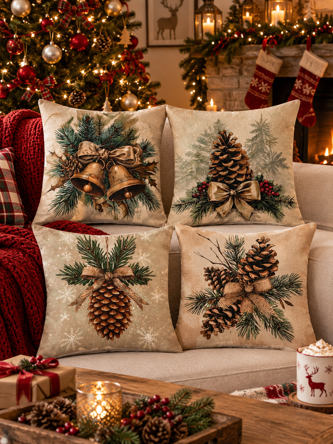 Rustic Christmas Pinecone & Bell Cushion Covers