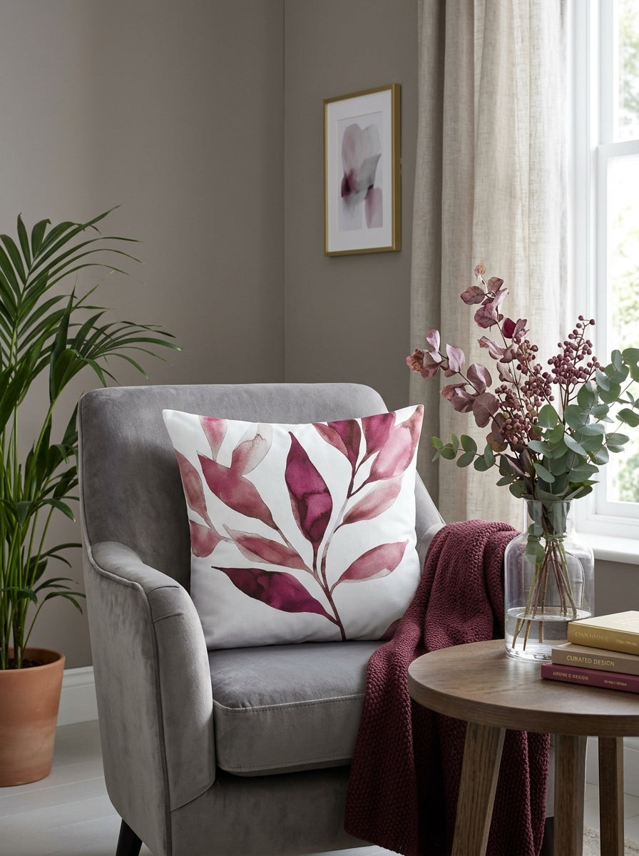 Burgundy Watercolour Botanical Cushion Covers