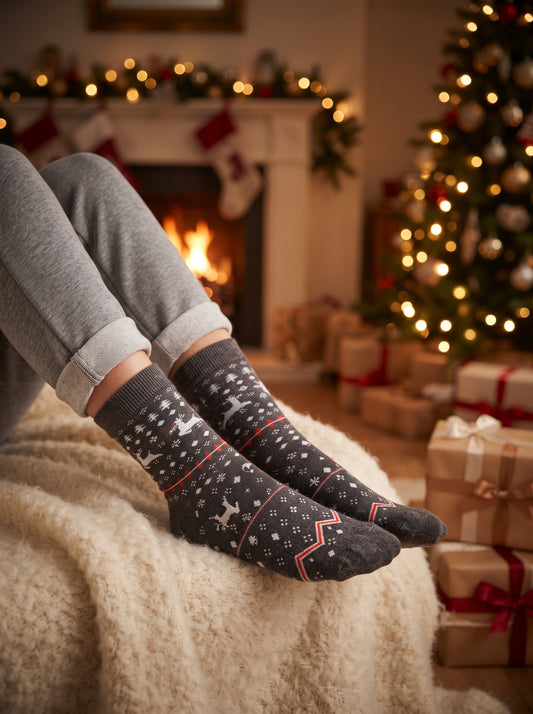 Charcoal Christmas Reindeer & Snowflake Crew Socks