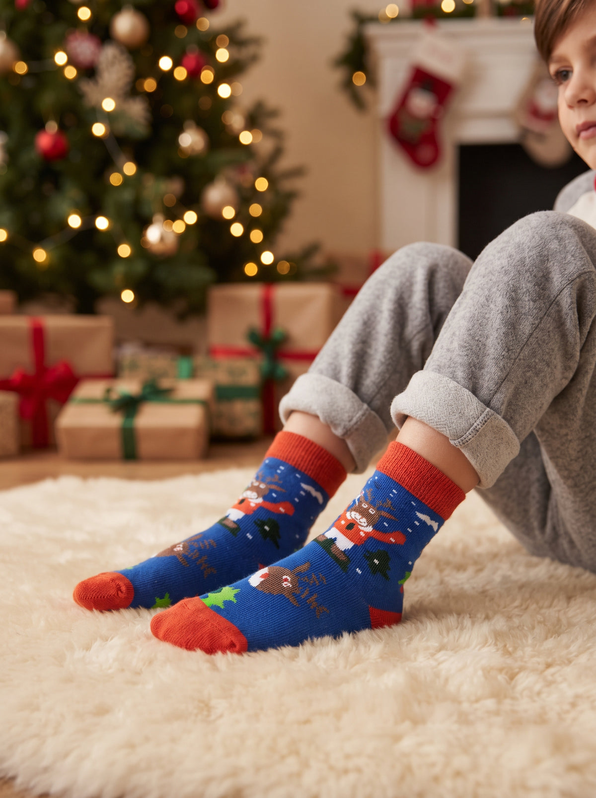Kids' Blue Christmas Reindeer Crew Socks