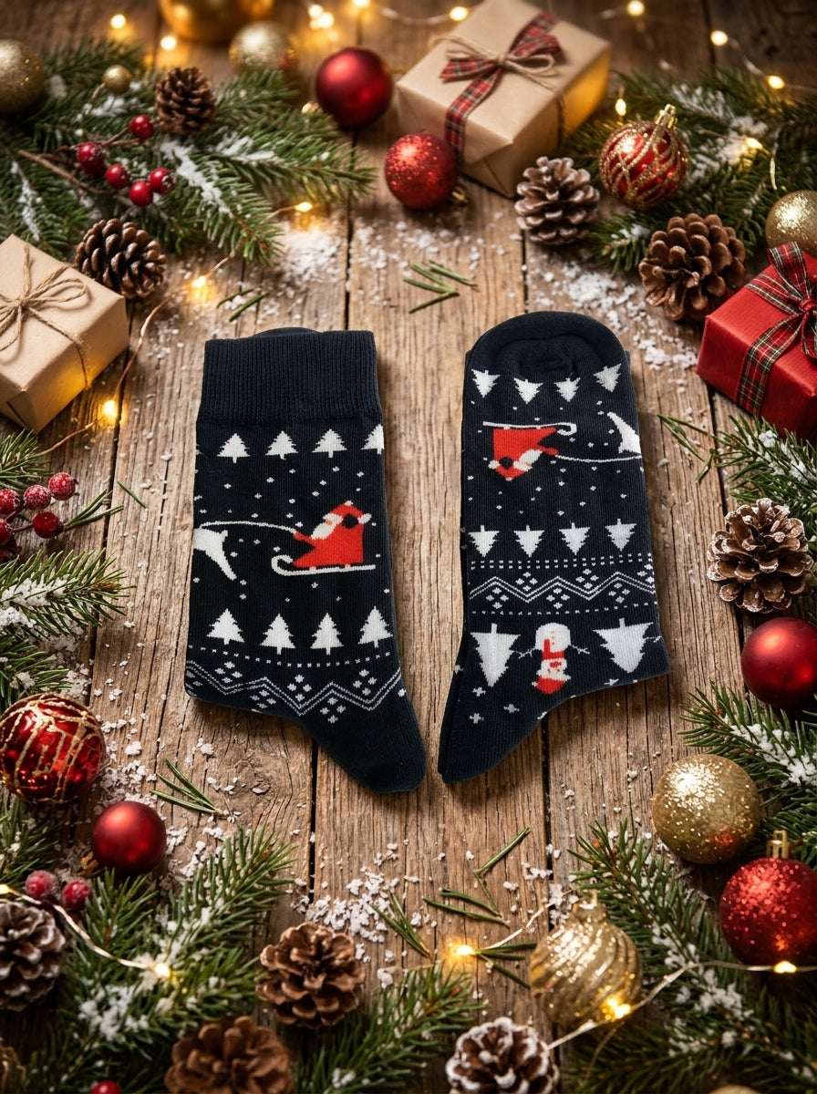Navy Santa Sleigh Christmas Crew Socks