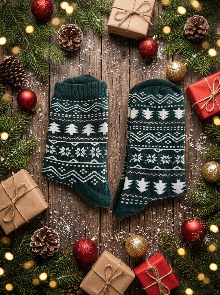 Green Christmas Tree & Snowflake Crew Socks