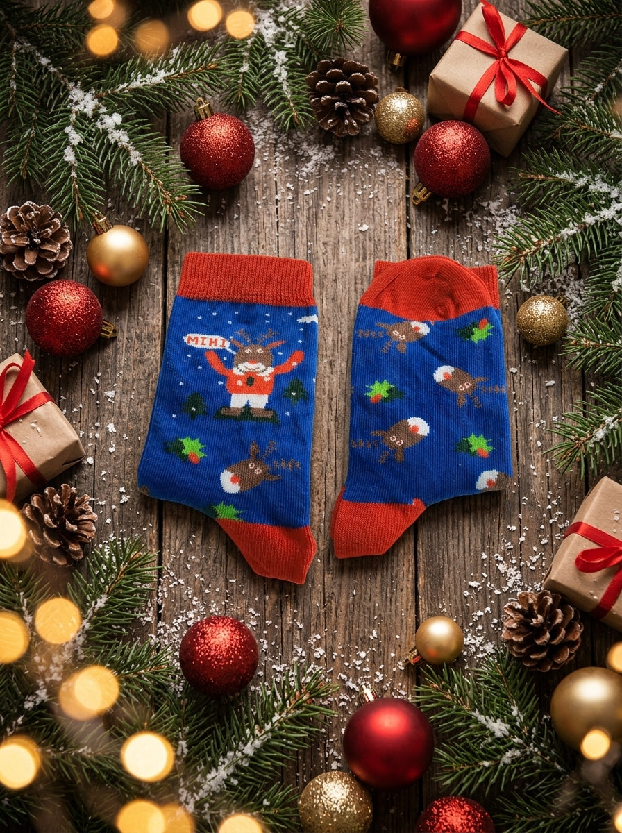 Kids' Blue Christmas Reindeer Crew Socks