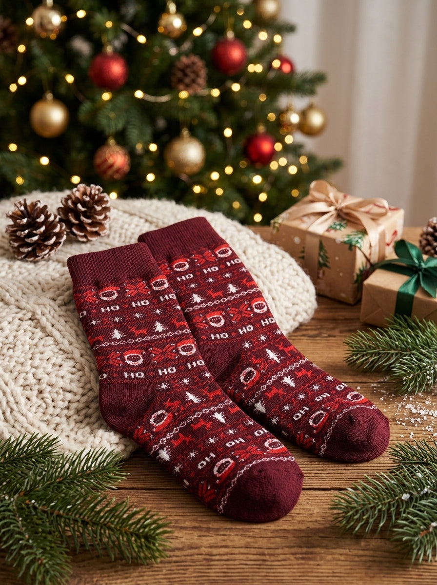 Burgundy Christmas Crew Socks with Santa & Reindeer