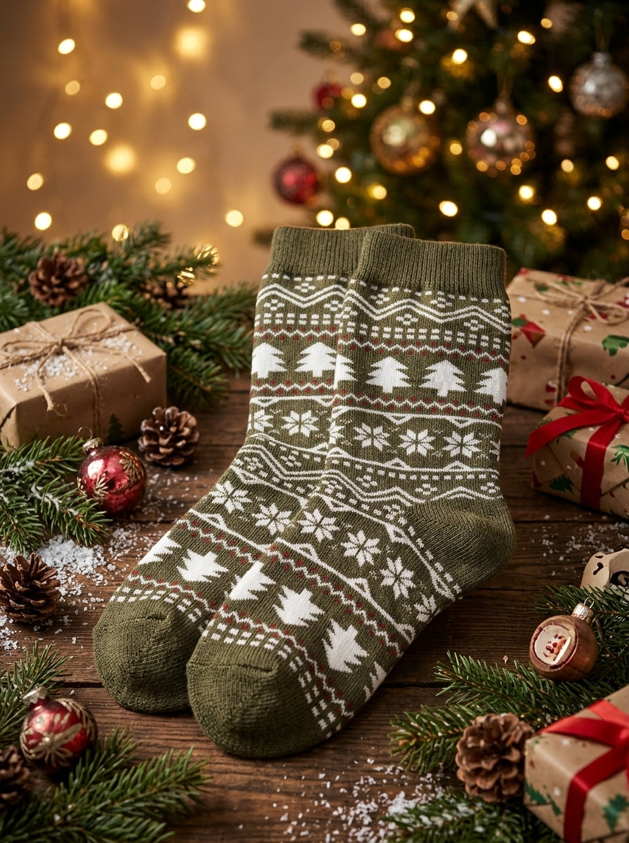 Green Christmas Tree & Snowflake Crew Socks