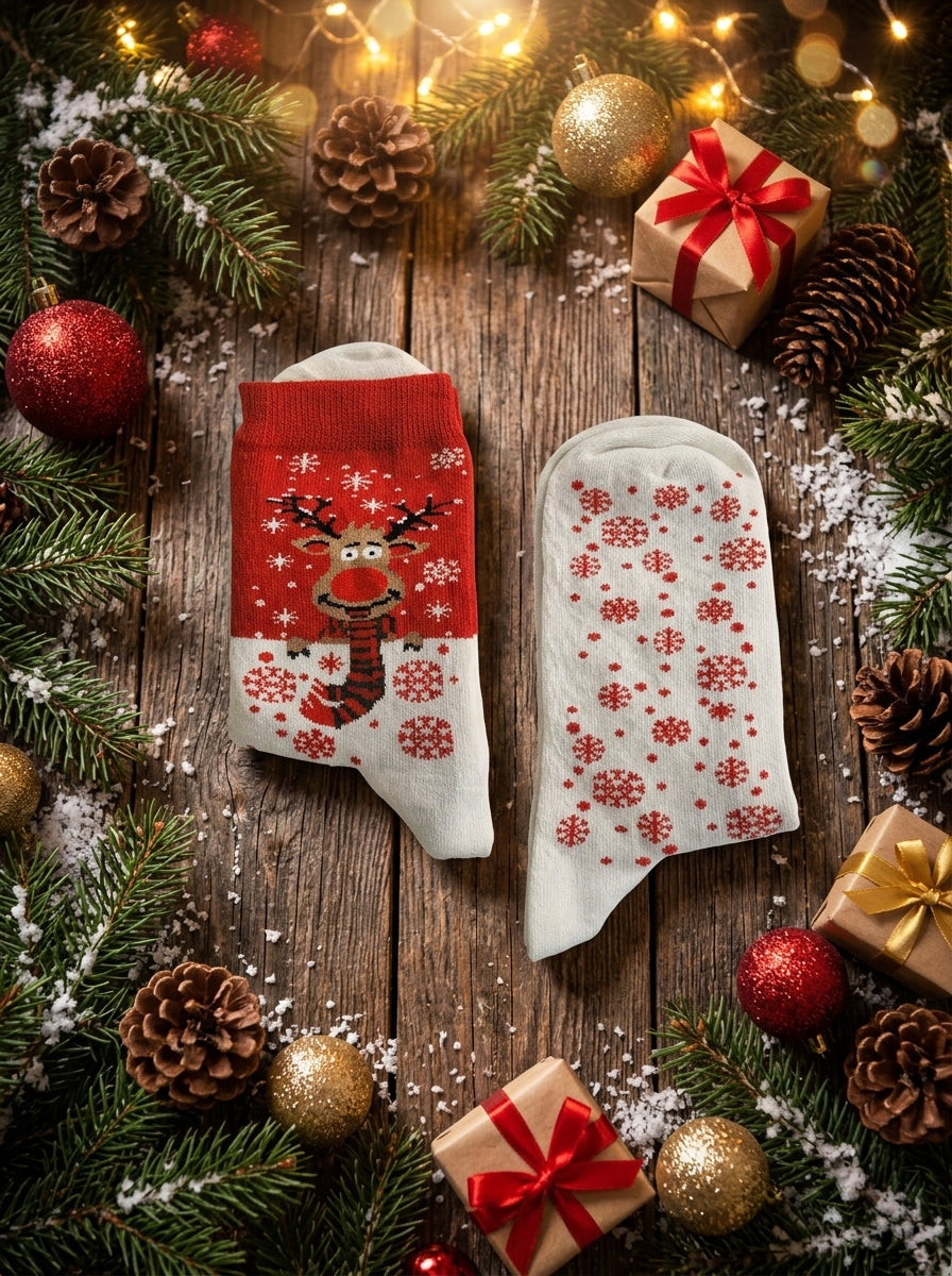 Red & White Reindeer Christmas Crew Socks