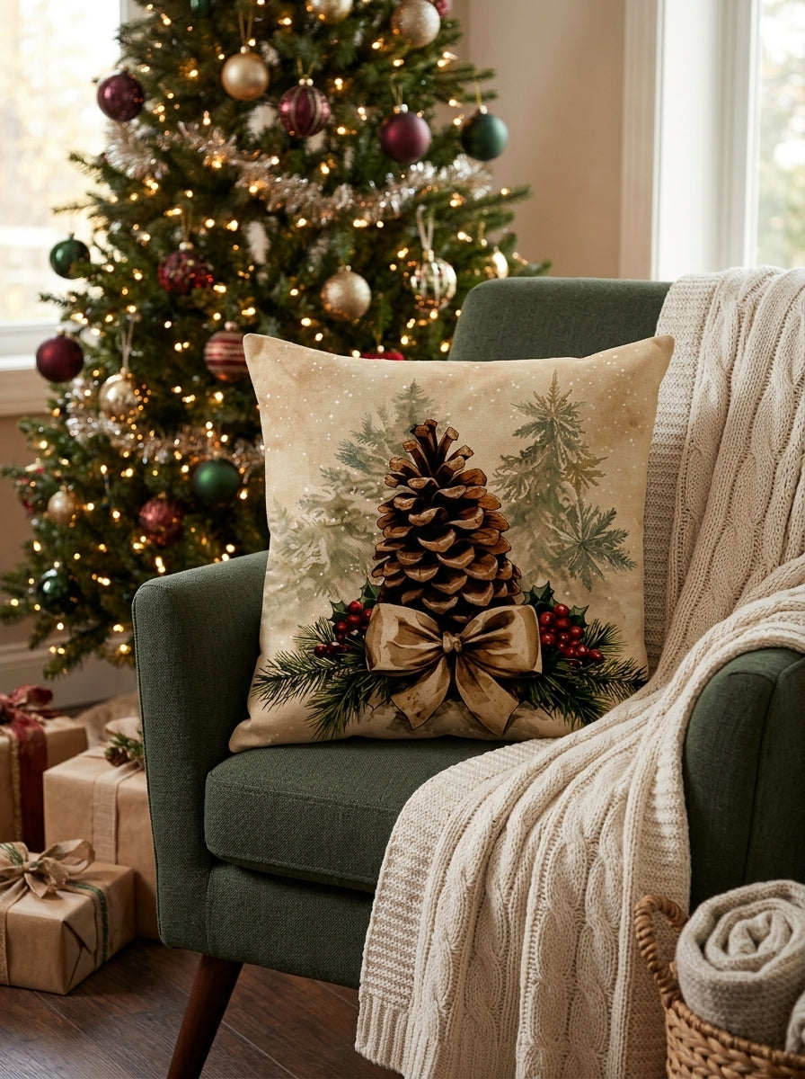 Rustic Christmas Pinecone & Bell Cushion Covers