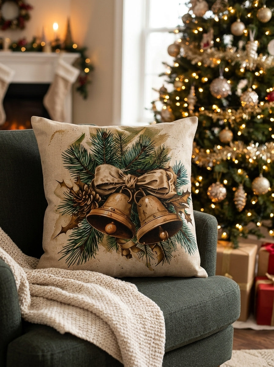 Rustic Christmas Pinecone & Bell Cushion Covers