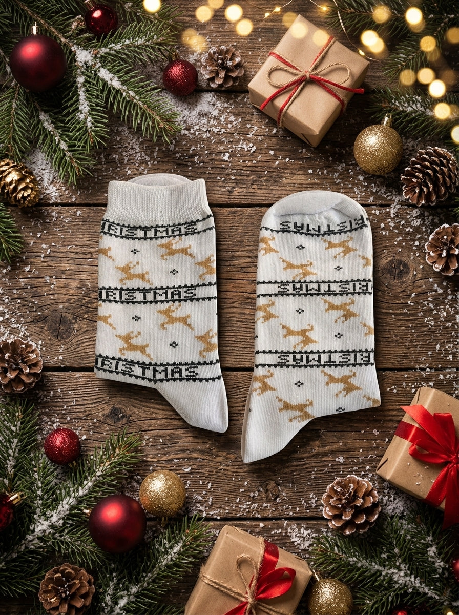 White & Gold Reindeer Christmas Crew Socks