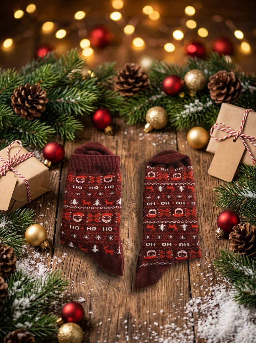 Burgundy Christmas Crew Socks with Santa & Reindeer
