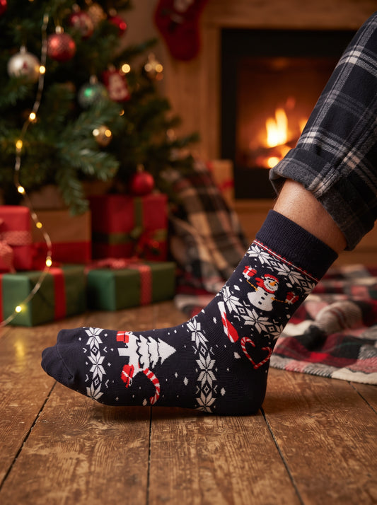 Navy Christmas Crew Socks with Snowman & Snowflakes