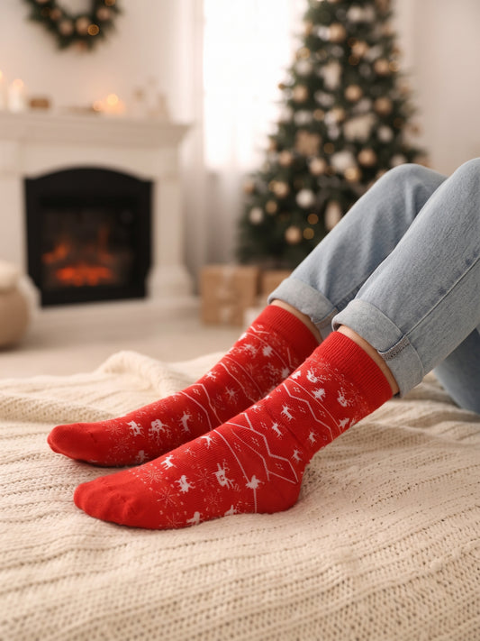 Red Reindeer Christmas Crew Socks