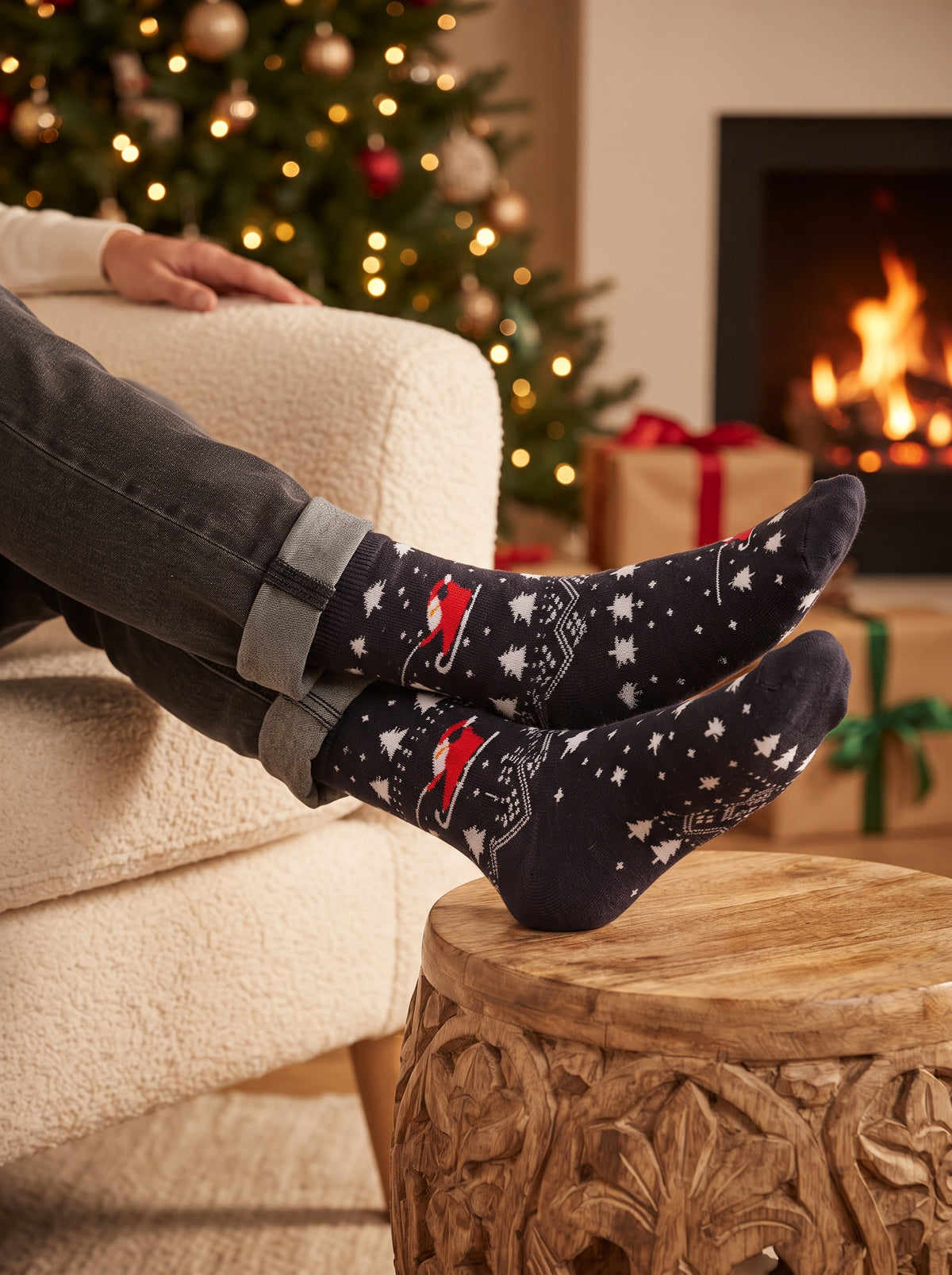 Navy Santa Sleigh Christmas Crew Socks