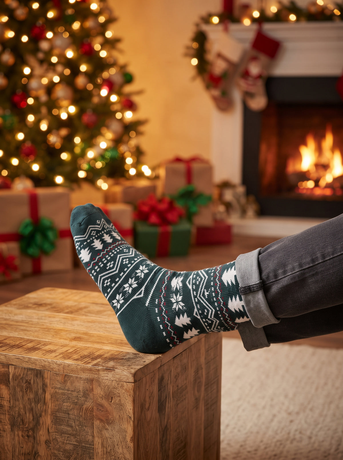 Green Christmas Tree & Snowflake Crew Socks