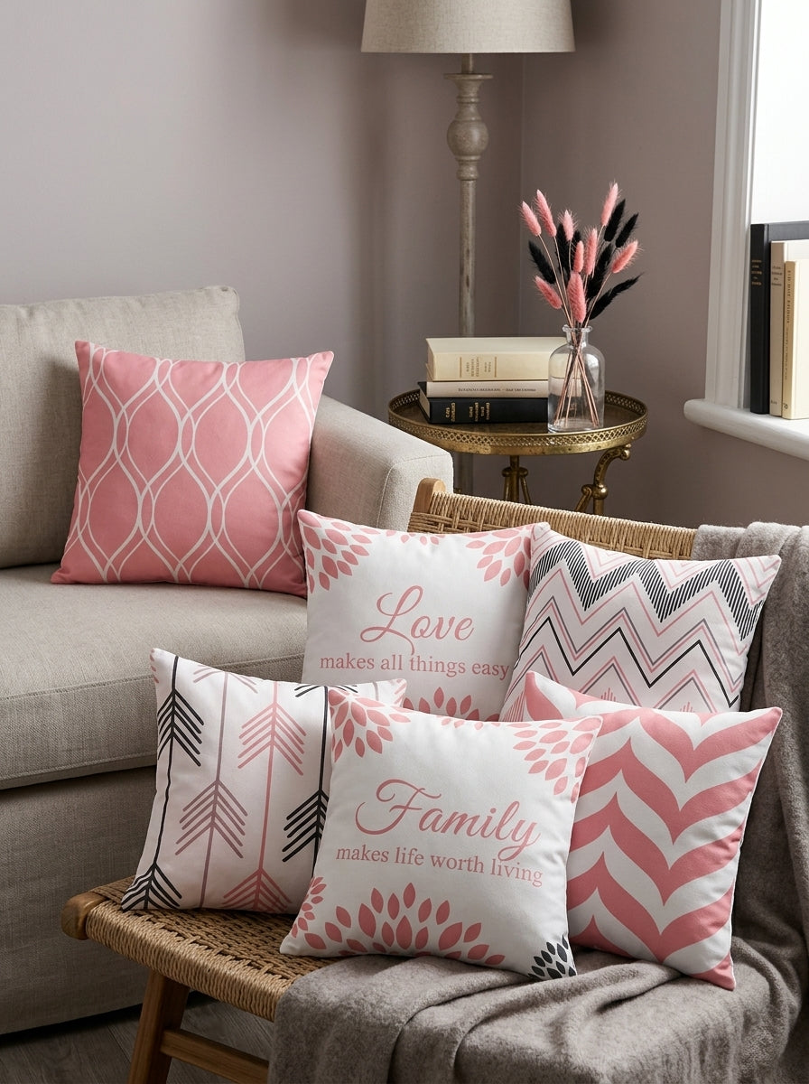 Pink Geometric & Typographic Cushion Covers