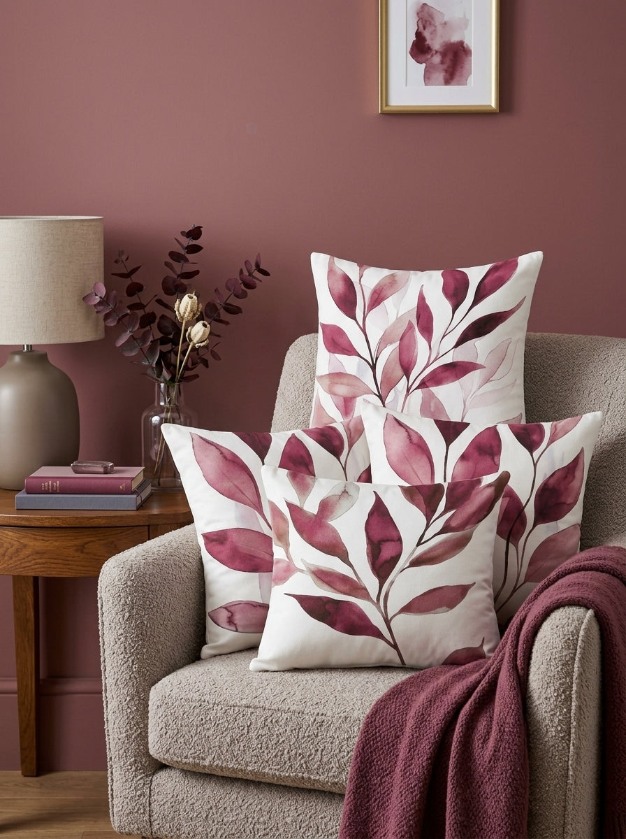 Burgundy Watercolour Botanical Cushion Covers