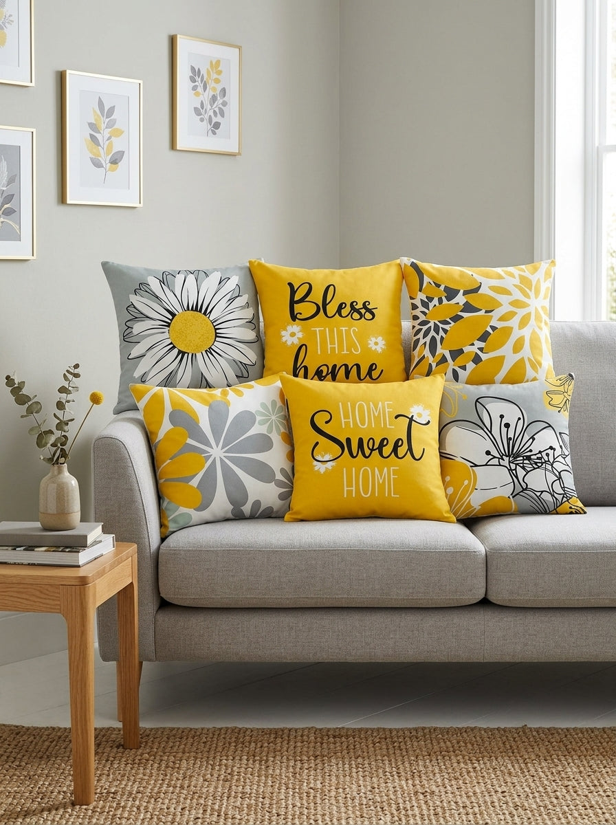 Yellow Floral & Typographic Cushion Covers