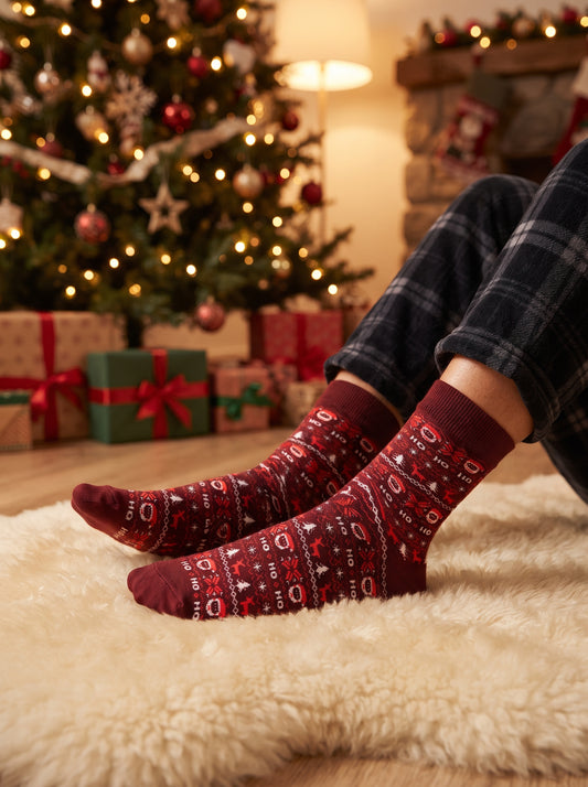 Burgundy Christmas Crew Socks with Santa & Reindeer