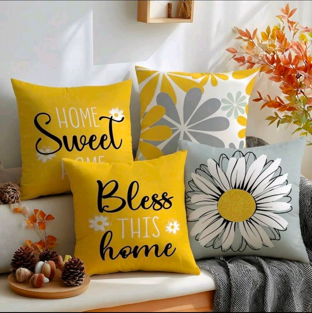 Yellow Floral & Typographic Cushion Covers