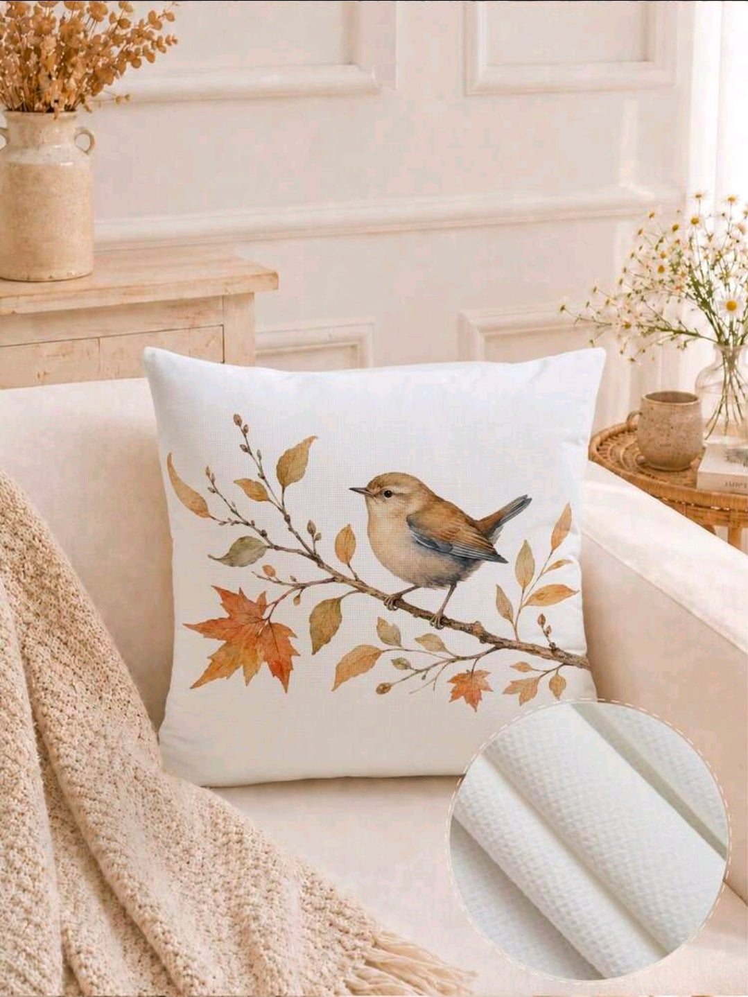 Watercolour Autumn Bird & Leaves Cushion Cover
