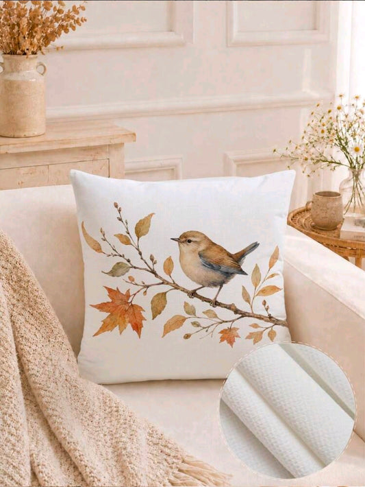 Watercolour Autumn Bird & Leaves Cushion Cover
