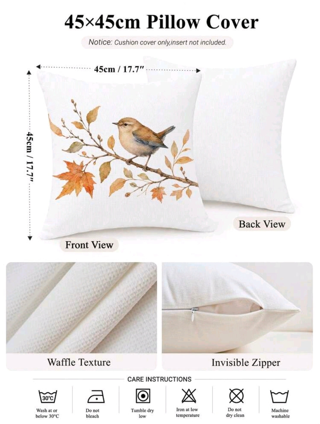 Watercolour Autumn Bird & Leaves Cushion Cover