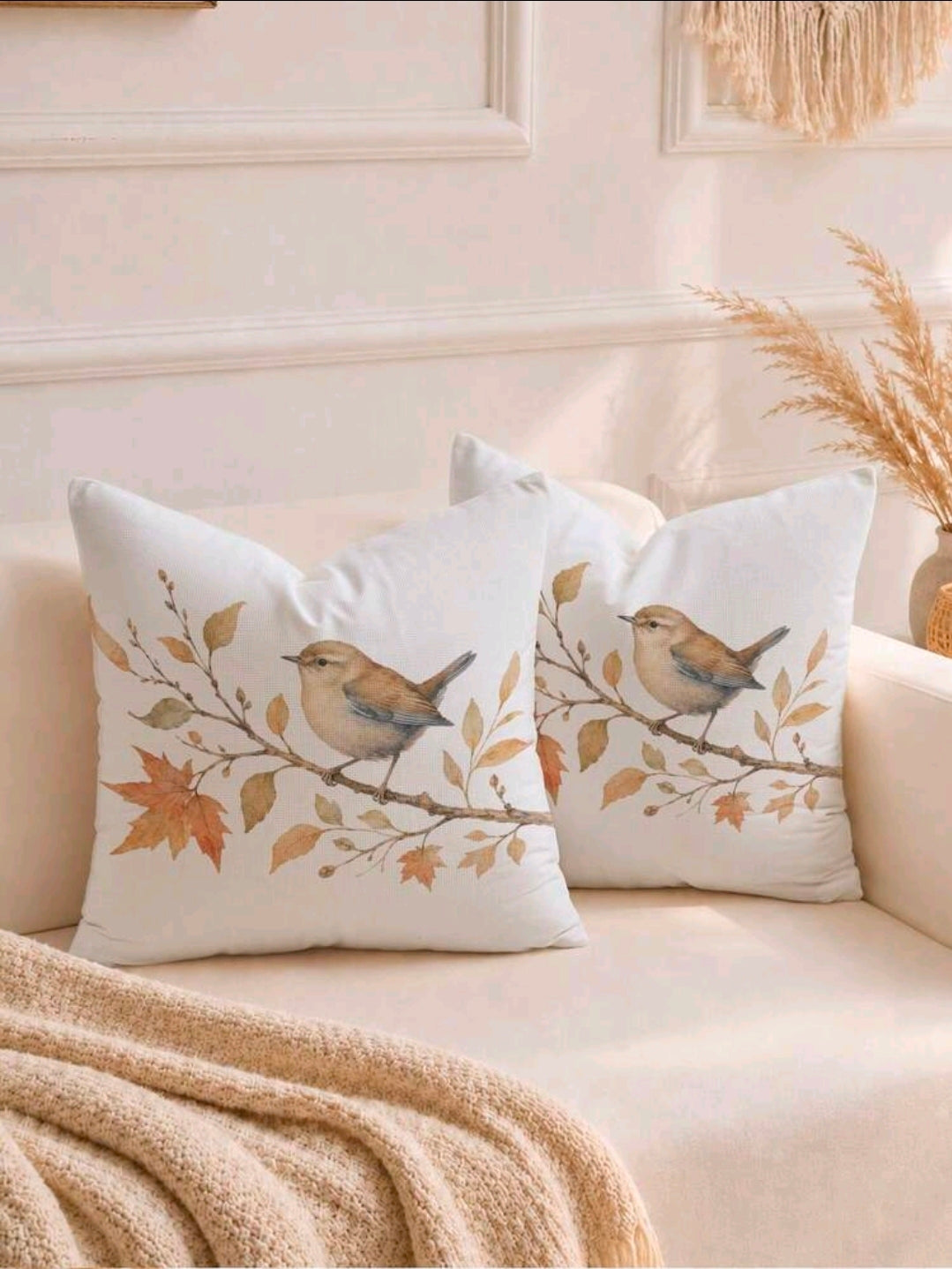 Watercolour Autumn Bird & Leaves Cushion Cover