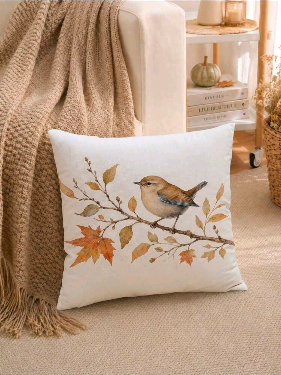 Watercolour Autumn Bird & Leaves Cushion Cover