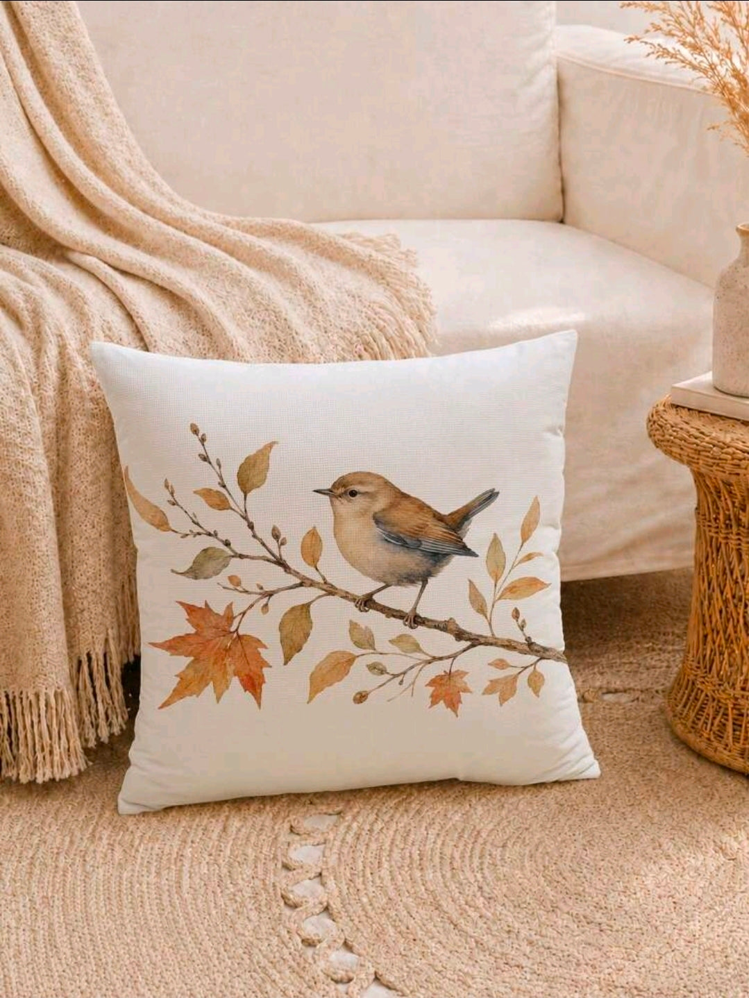 Watercolour Autumn Bird & Leaves Cushion Cover